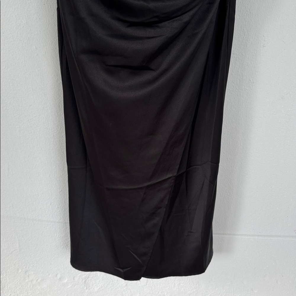 Lulus black satin spaghetti strap cowl neck midi length wrap slit dress XL - Picture 5 of 11